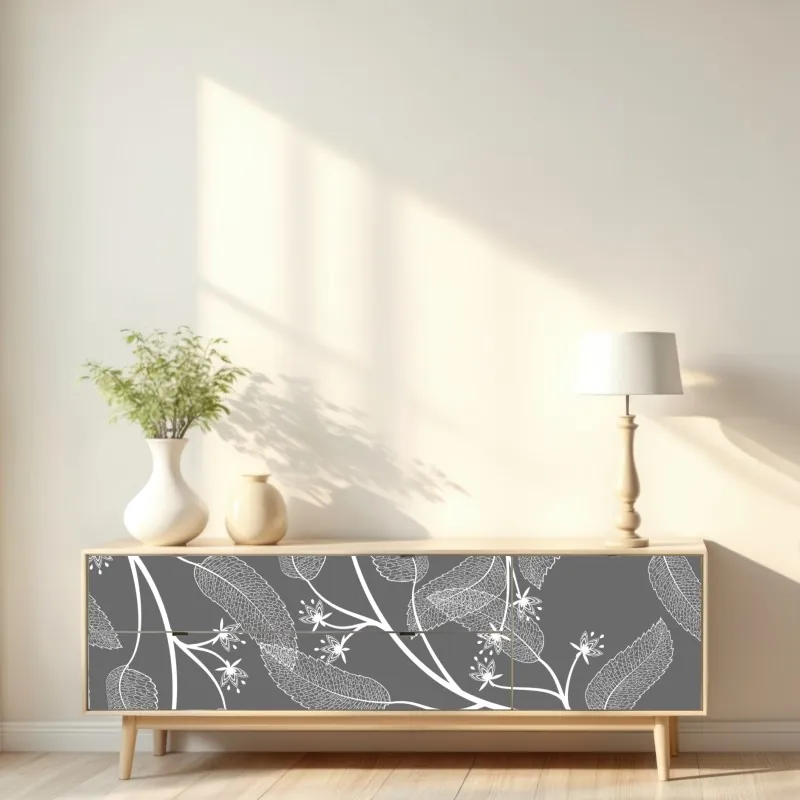 Naklejka repozycjonowalna delikatne białe liście na szarym tle – Wallissimo® Naklejka repozycjonowalna delikatne białe liście na szarym tle – Wallissimo®