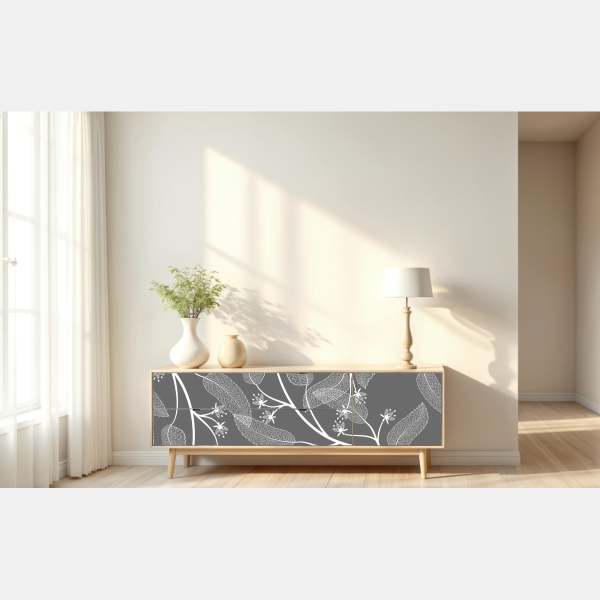 Naklejka repozycjonowalna delikatne białe liście na szarym tle – Wallissimo® Naklejka repozycjonowalna delikatne białe liście na szarym tle – Wallissimo®
