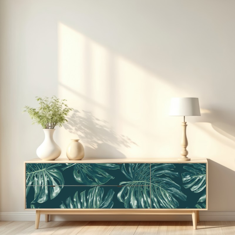 Naklejka repozycjonowalna wzór tropikalnych liści monstery – Wallissimo® Naklejka repozycjonowalna wzór tropikalnych liści monstery – Wallissimo®