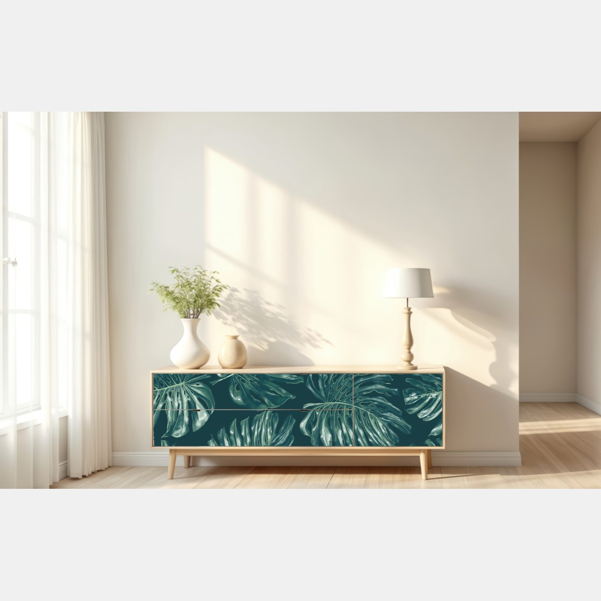 Naklejka repozycjonowalna wzór tropikalnych liści monstery – Wallissimo® Naklejka repozycjonowalna wzór tropikalnych liści monstery – Wallissimo®