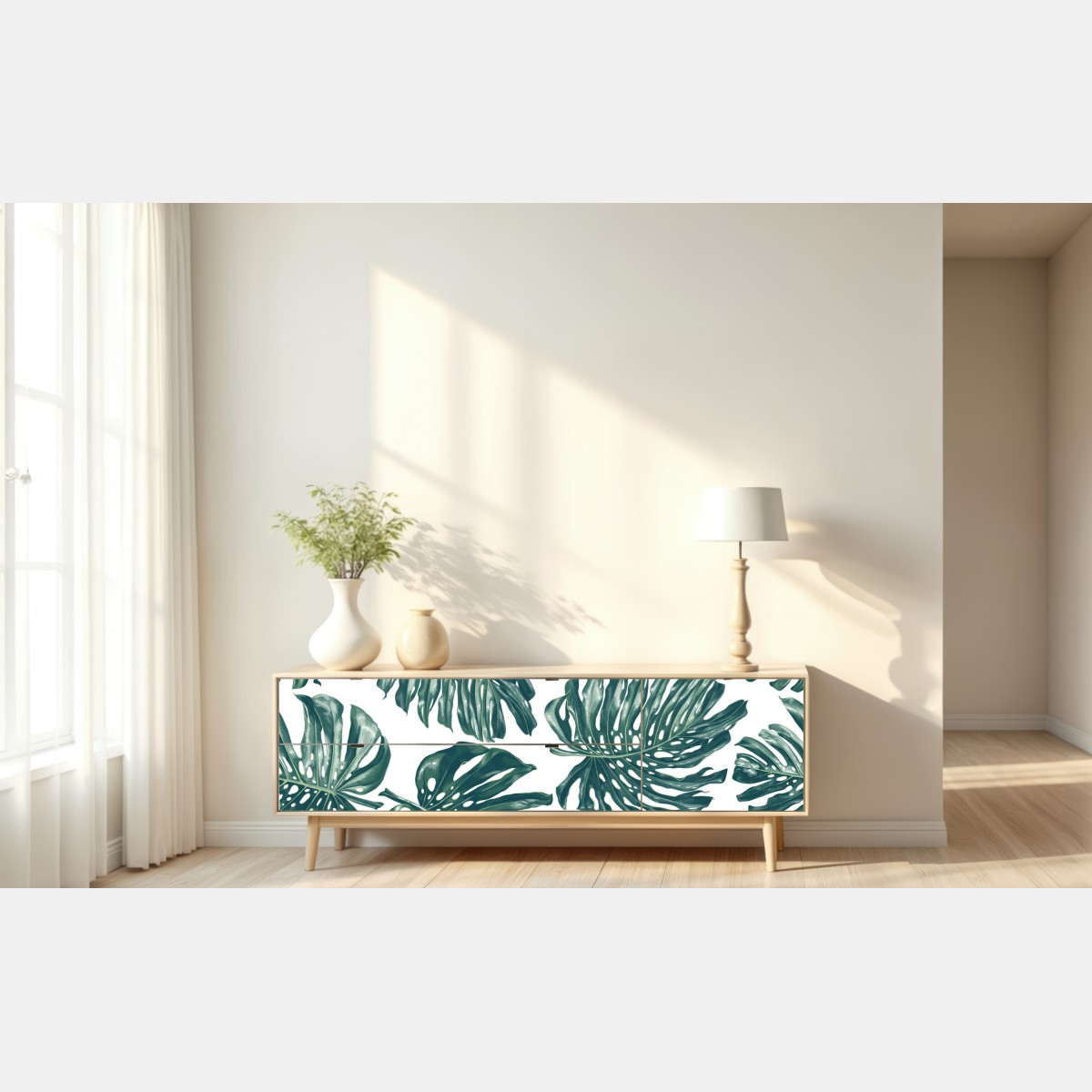 Naklejka repozycjonowalna wzór botaniczny liści monstery – Wallissimo® Naklejka repozycjonowalna wzór botaniczny liści monstery – Wallissimo®