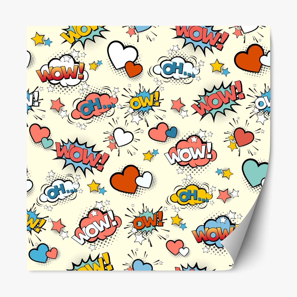 Repositionable sticker pop art comic hearts and speech bubbles