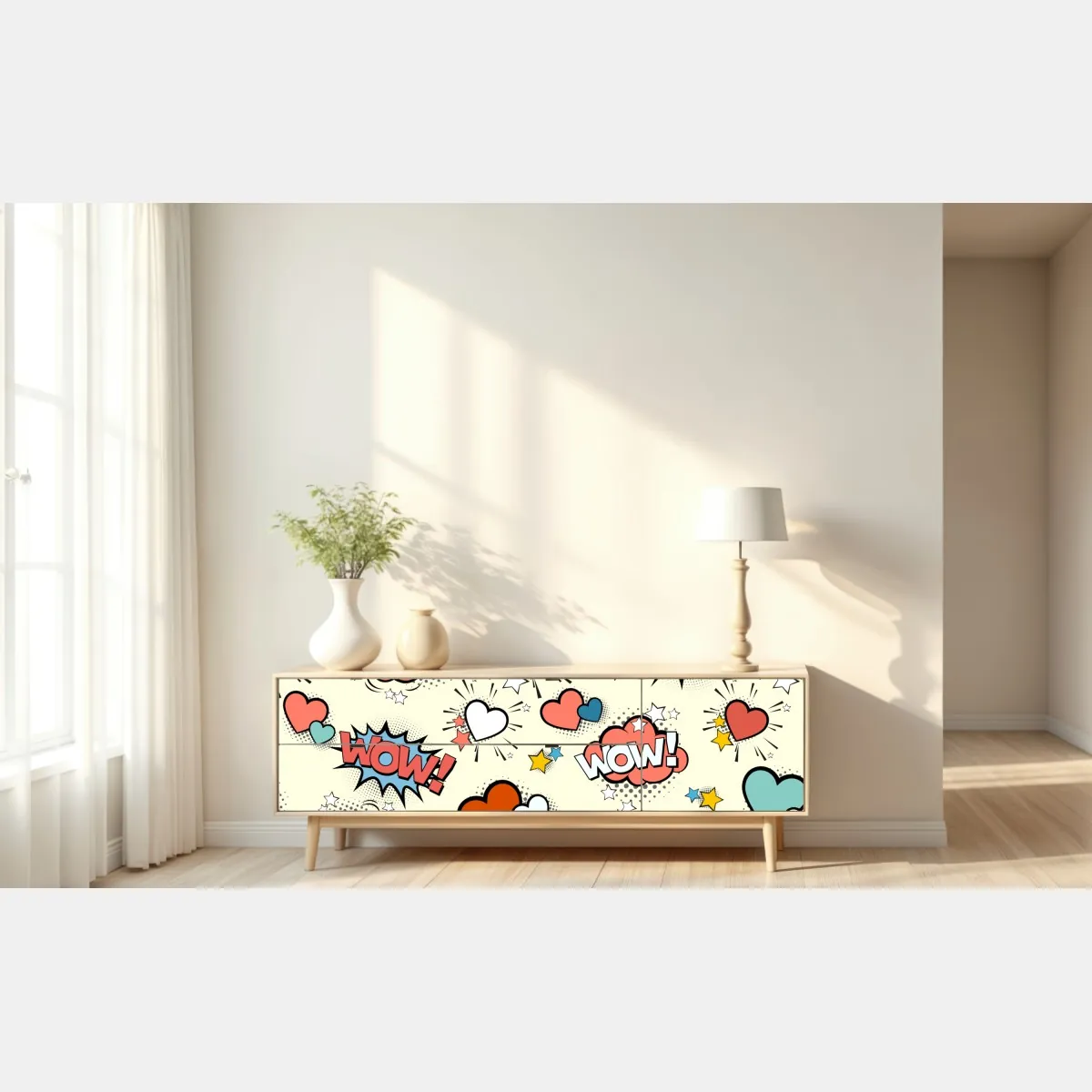 Naklejka repozycjonowalna pop art komiksowe serca i dymki – Wallissimo® Naklejka repozycjonowalna pop art komiksowe serca i dymki – Wallissimo®