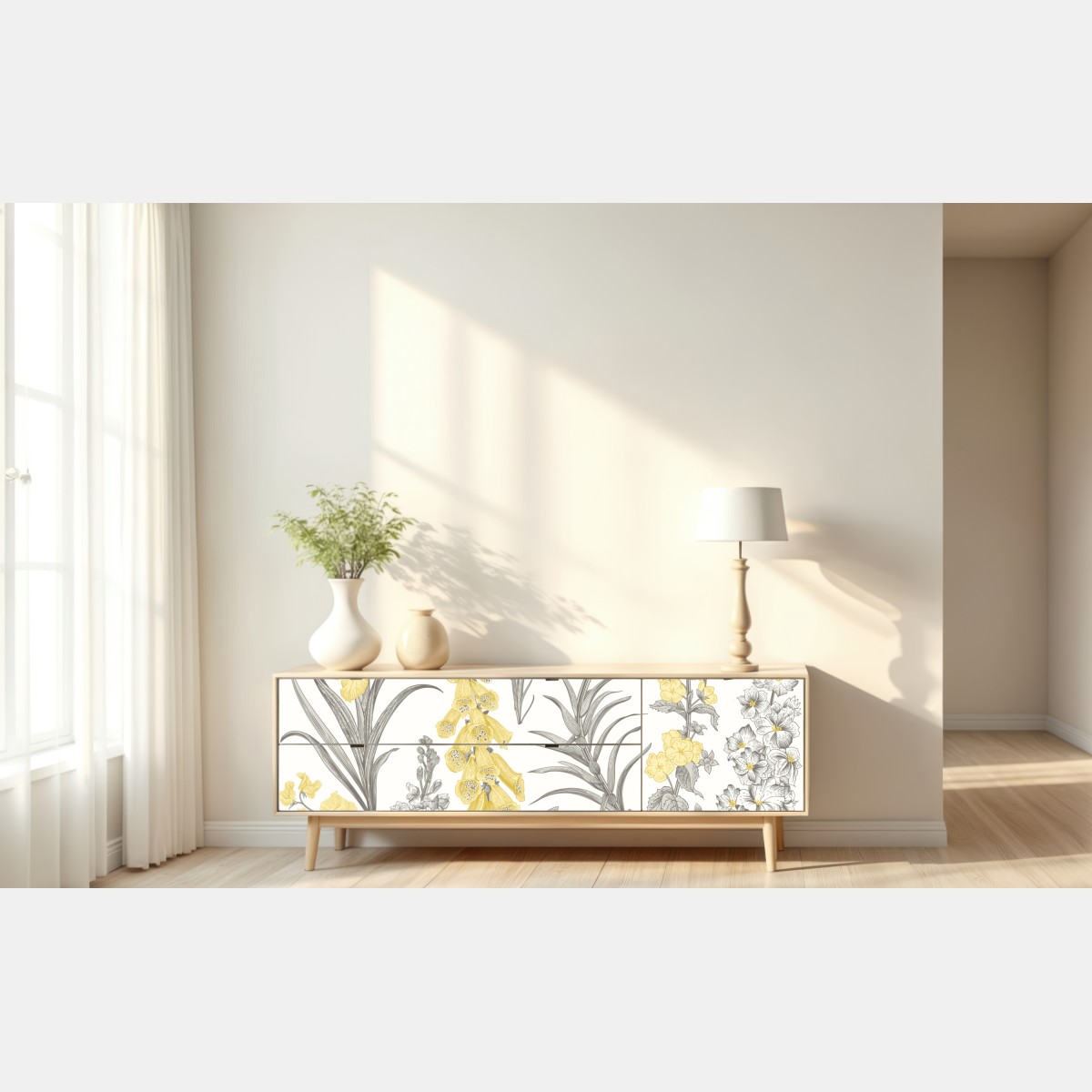 Naklejka repozycjonowalna vintage botaniczny wzór kwiatowy w żółci i szarości – Wallissimo® Naklejka repozycjonowalna vintage botaniczny wzór kwiatowy w żółci i szarości – Wallissimo®