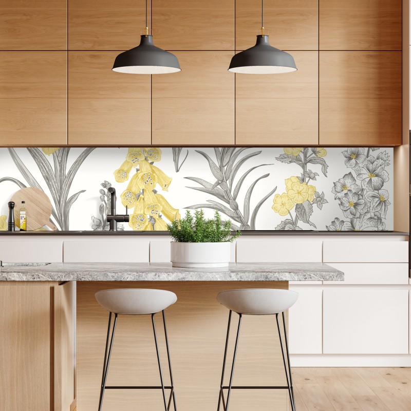 Naklejka repozycjonowalna vintage botaniczny wzór kwiatowy w żółci i szarości – Wallissimo® Naklejka repozycjonowalna vintage botaniczny wzór kwiatowy w żółci i szarości – Wallissimo®