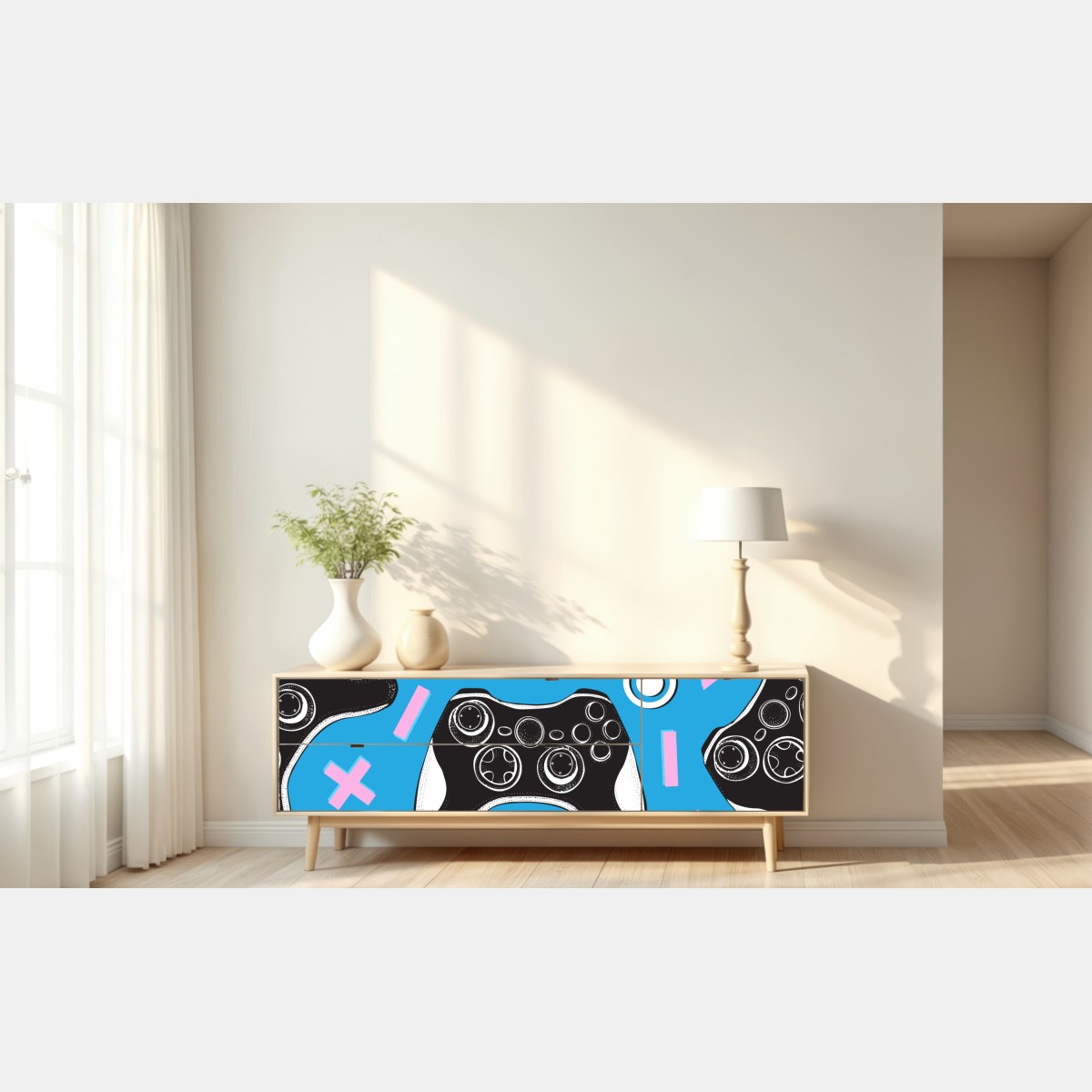 Naklejka repozycjonowalna wzór padów do gier na niebieskim tle – Wallissimo® Naklejka repozycjonowalna wzór padów do gier na niebieskim tle – Wallissimo®