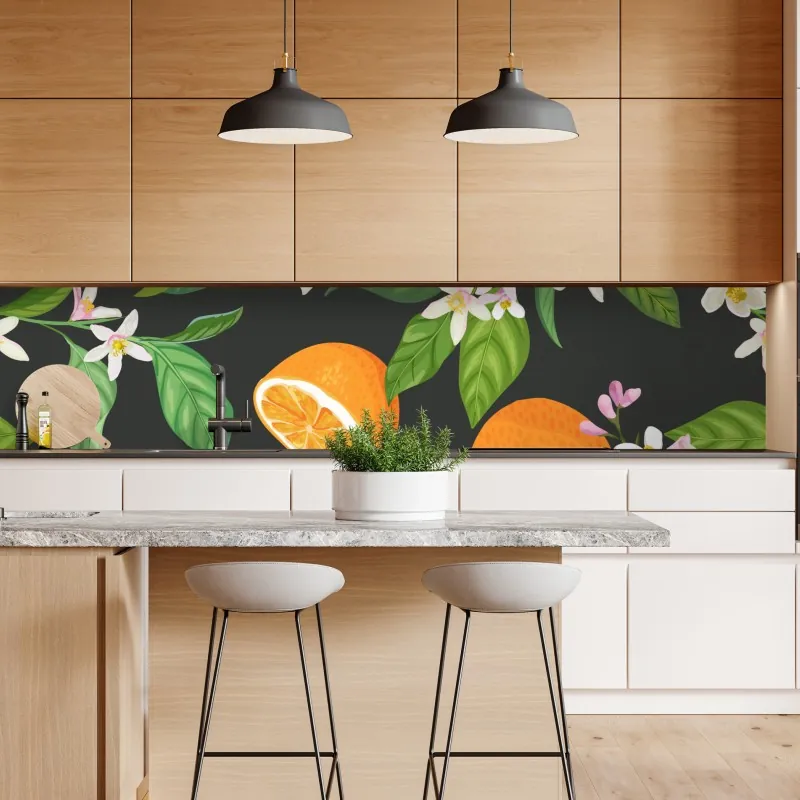Naklejka repozycjonowalna wzór z kwiatami i pomarańczami na ciemnym tle – Wallissimo® Naklejka repozycjonowalna wzór z kwiatami i pomarańczami na ciemnym tle – Wallissimo®