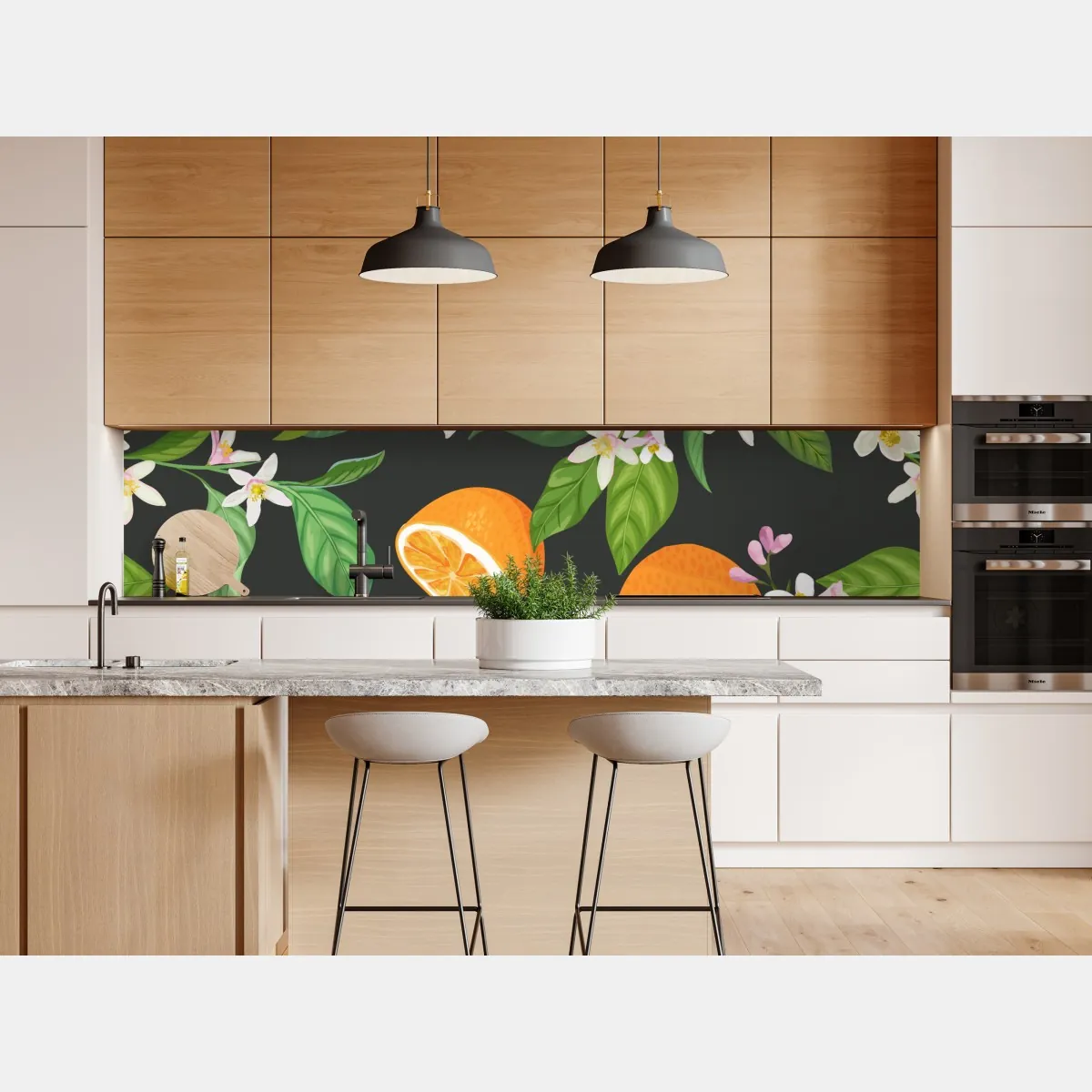 Naklejka repozycjonowalna wzór z kwiatami i pomarańczami na ciemnym tle – Wallissimo® Naklejka repozycjonowalna wzór z kwiatami i pomarańczami na ciemnym tle – Wallissimo®