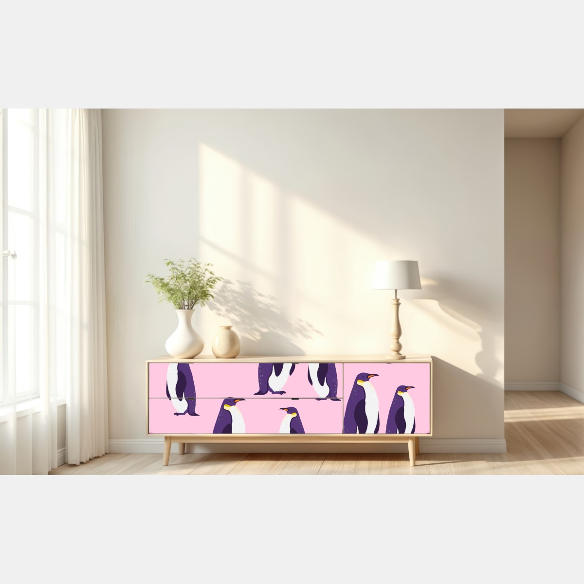 Naklejka repozycjonowalna zabawny wzór z fioletowymi pingwinami na różowym tle – Wallissimo® Naklejka repozycjonowalna zabawny wzór z fioletowymi pingwinami na różowym tle – Wallissimo®