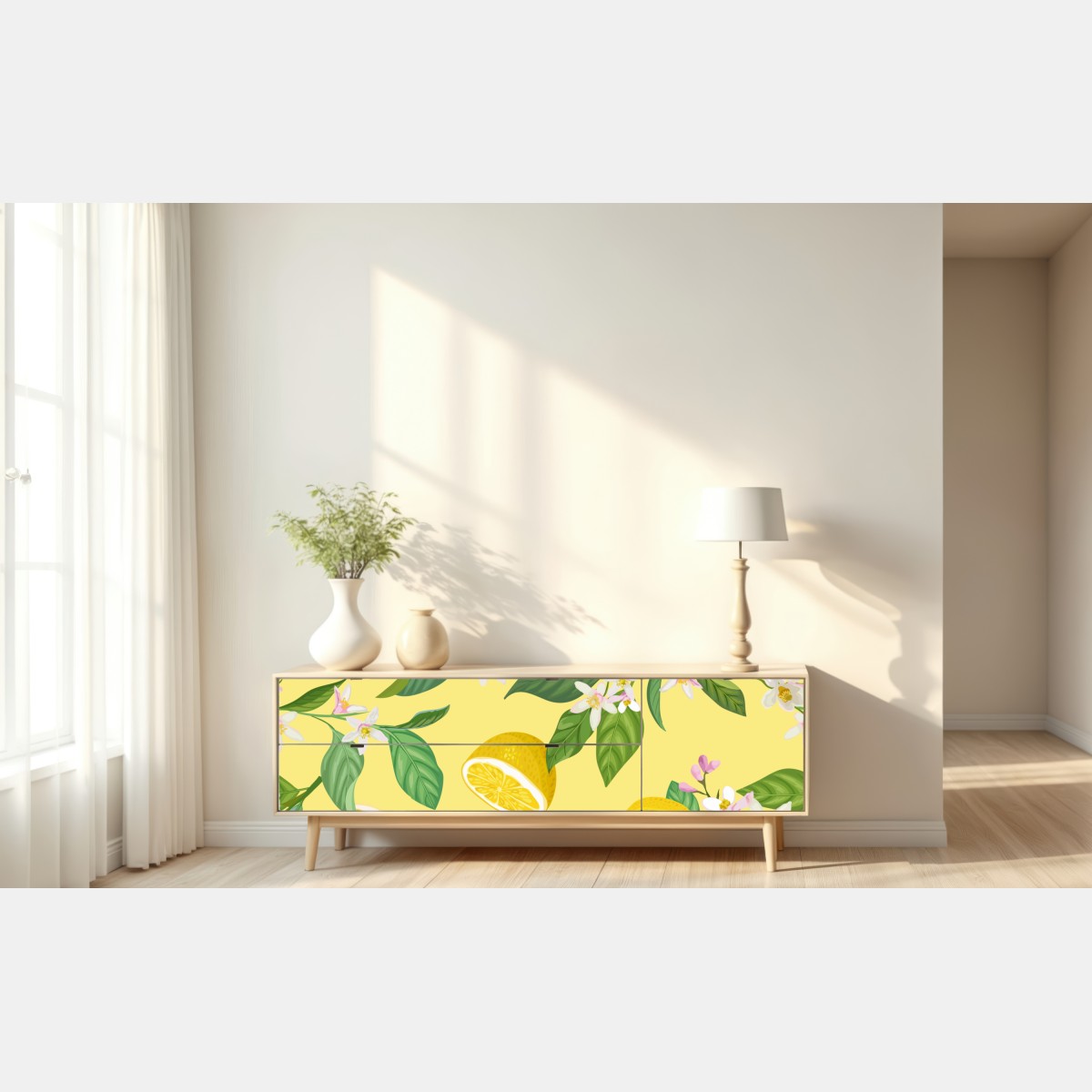Naklejka repozycjonowalna wzór z kwiatami i cytrynami – Wallissimo® Naklejka repozycjonowalna wzór z kwiatami i cytrynami – Wallissimo®