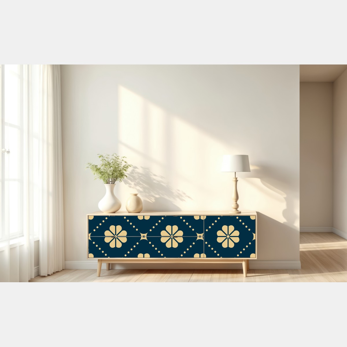 Naklejka repozycjonowalna turkusowo beżowy kwiatowy geometryczny wzór – Wallissimo® Naklejka repozycjonowalna turkusowo beżowy kwiatowy geometryczny wzór – Wallissimo®