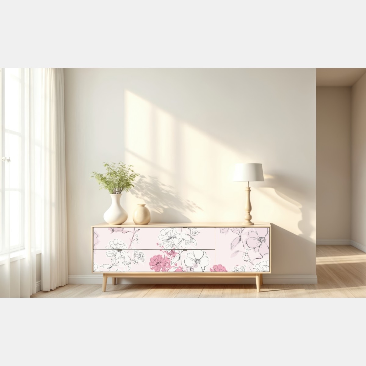Naklejka repozycjonowalna delikatny różowy wzór kwiatowy – Wallissimo® Naklejka repozycjonowalna delikatny różowy wzór kwiatowy – Wallissimo®