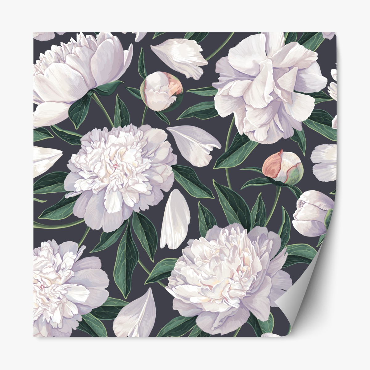 Repositionable sticker white peony floral pattern on charcoal background
