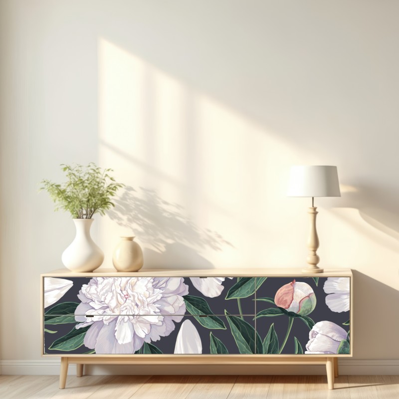 Naklejka repozycjonowalna wzór białych piwonii na grafitowym tle – Wallissimo® Naklejka repozycjonowalna wzór białych piwonii na grafitowym tle – Wallissimo®