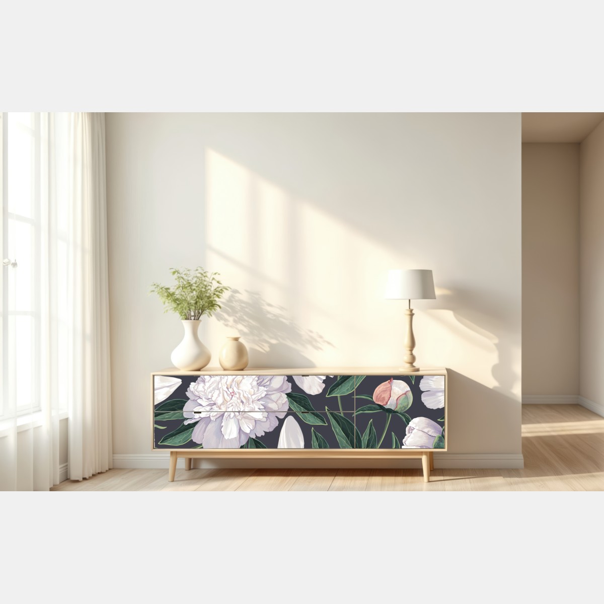 Naklejka repozycjonowalna wzór białych piwonii na grafitowym tle – Wallissimo® Naklejka repozycjonowalna wzór białych piwonii na grafitowym tle – Wallissimo®