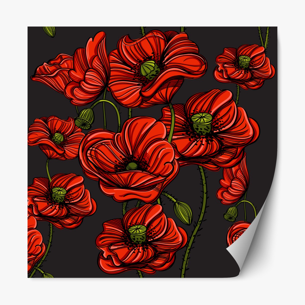 Repositionable sticker vibrant red poppy floral illustration