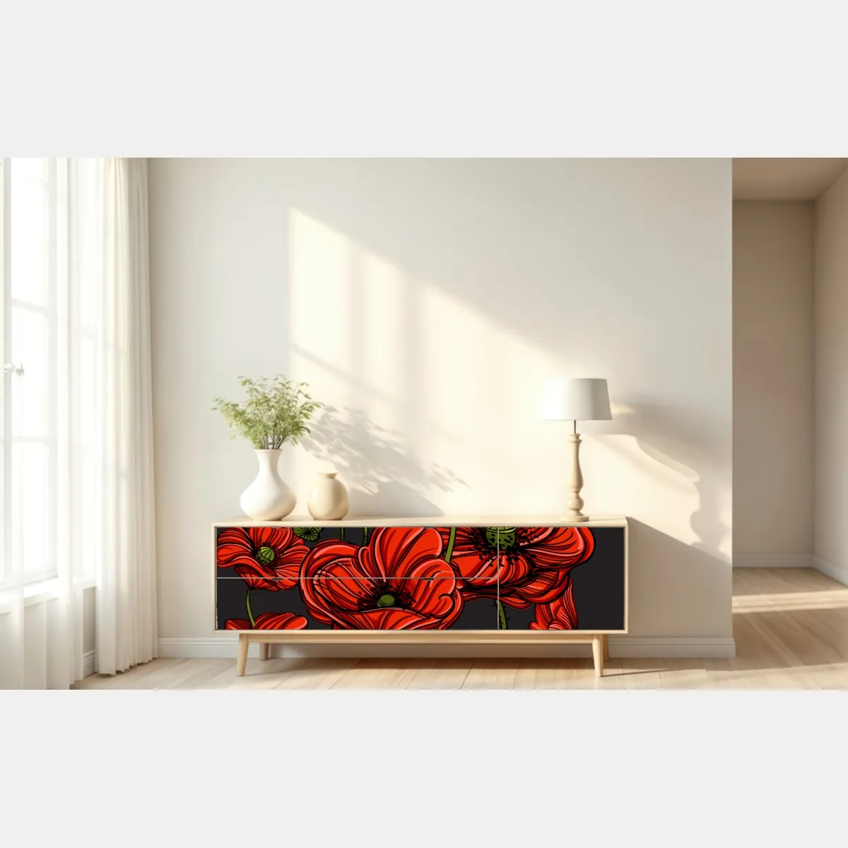 Naklejka repozycjonowalna intensywna czerwona ilustracja maków – Wallissimo® Naklejka repozycjonowalna intensywna czerwona ilustracja maków – Wallissimo®