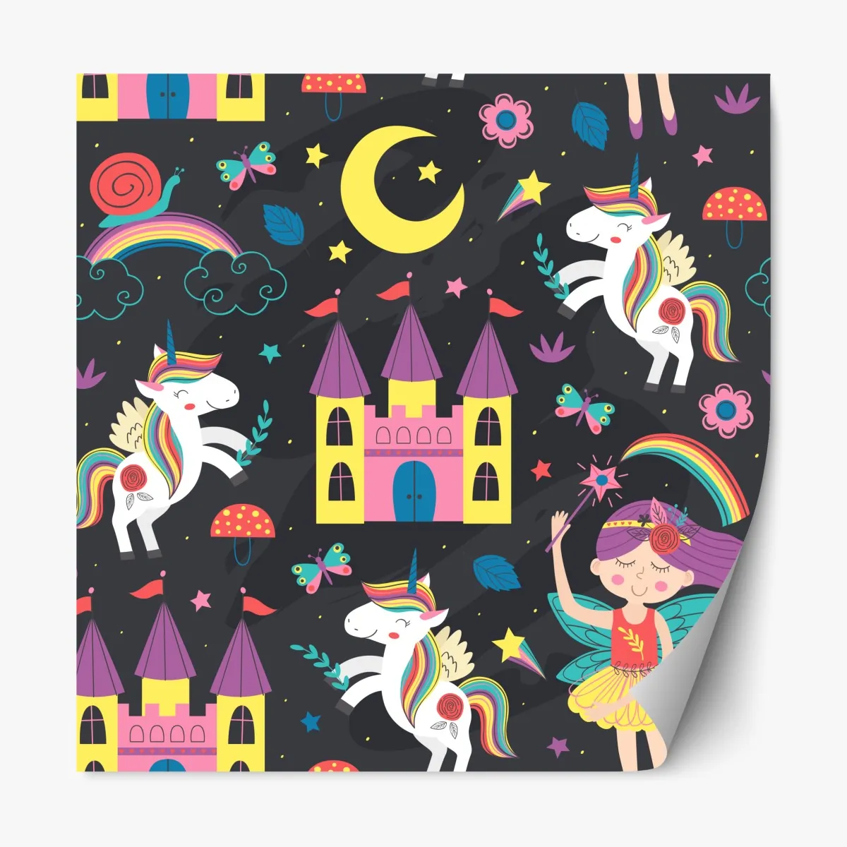Naklejka repozycjonowalna magiczny wzór z jednorożcami i wróżką – Wallissimo® Naklejka repozycjonowalna magiczny wzór z jednorożcami i wróżką – Wallissimo®