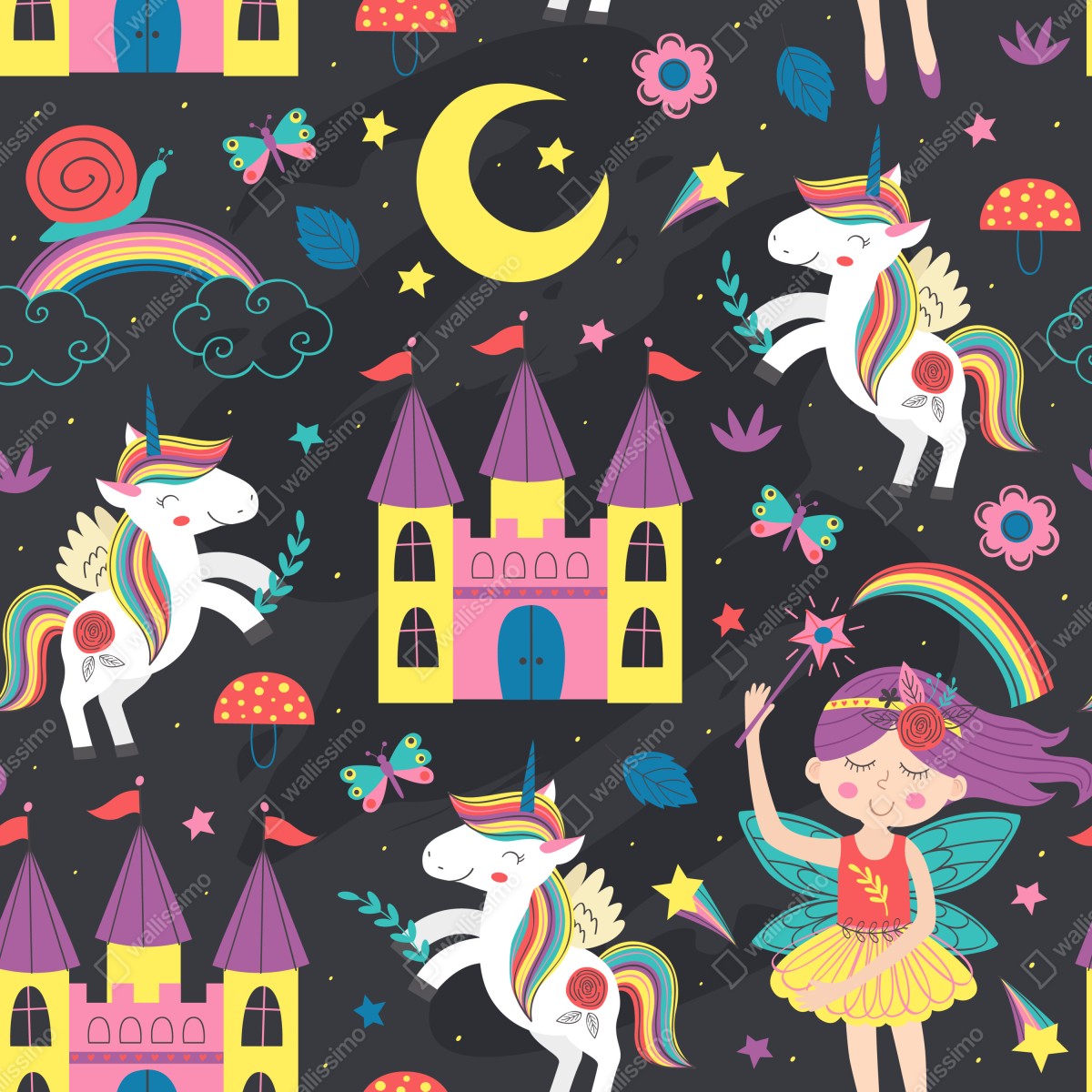 Naklejka repozycjonowalna magiczny wzór z jednorożcami i wróżką – Wallissimo® Naklejka repozycjonowalna magiczny wzór z jednorożcami i wróżką – Wallissimo®