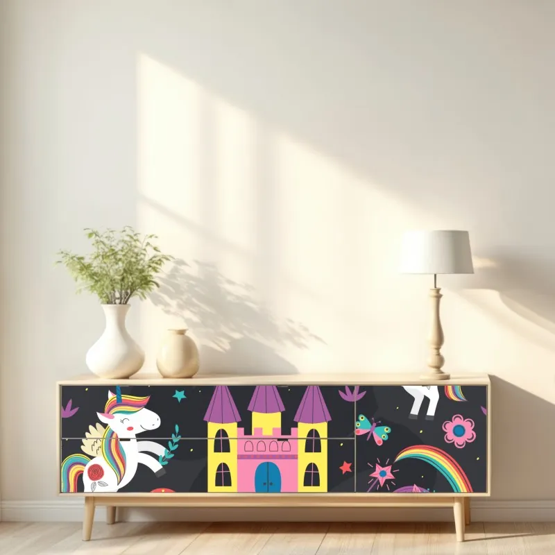 Naklejka repozycjonowalna magiczny wzór z jednorożcami i wróżką – Wallissimo® Naklejka repozycjonowalna magiczny wzór z jednorożcami i wróżką – Wallissimo®