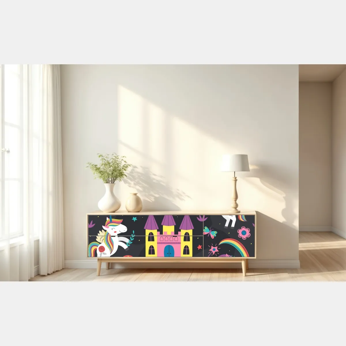 Naklejka repozycjonowalna magiczny wzór z jednorożcami i wróżką – Wallissimo® Naklejka repozycjonowalna magiczny wzór z jednorożcami i wróżką – Wallissimo®