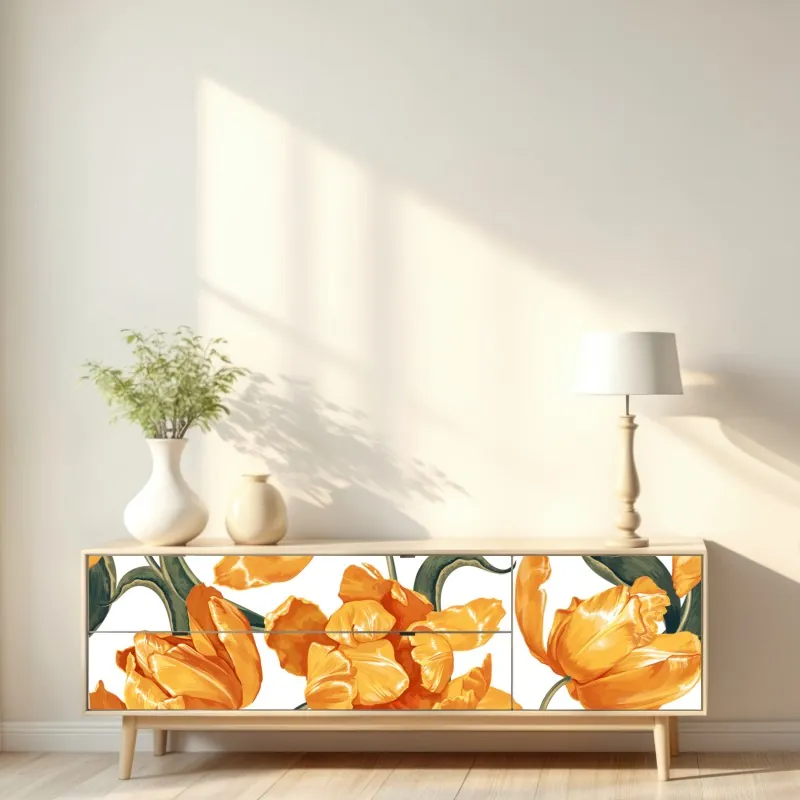 Naklejka repozycjonowalna wzór z żywymi pomarańczowymi tulipanami – Wallissimo® Naklejka repozycjonowalna wzór z żywymi pomarańczowymi tulipanami – Wallissimo®