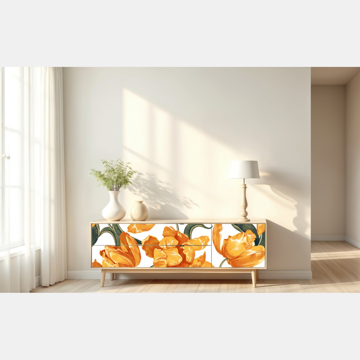 Naklejka repozycjonowalna wzór z żywymi pomarańczowymi tulipanami – Wallissimo® Naklejka repozycjonowalna wzór z żywymi pomarańczowymi tulipanami – Wallissimo®