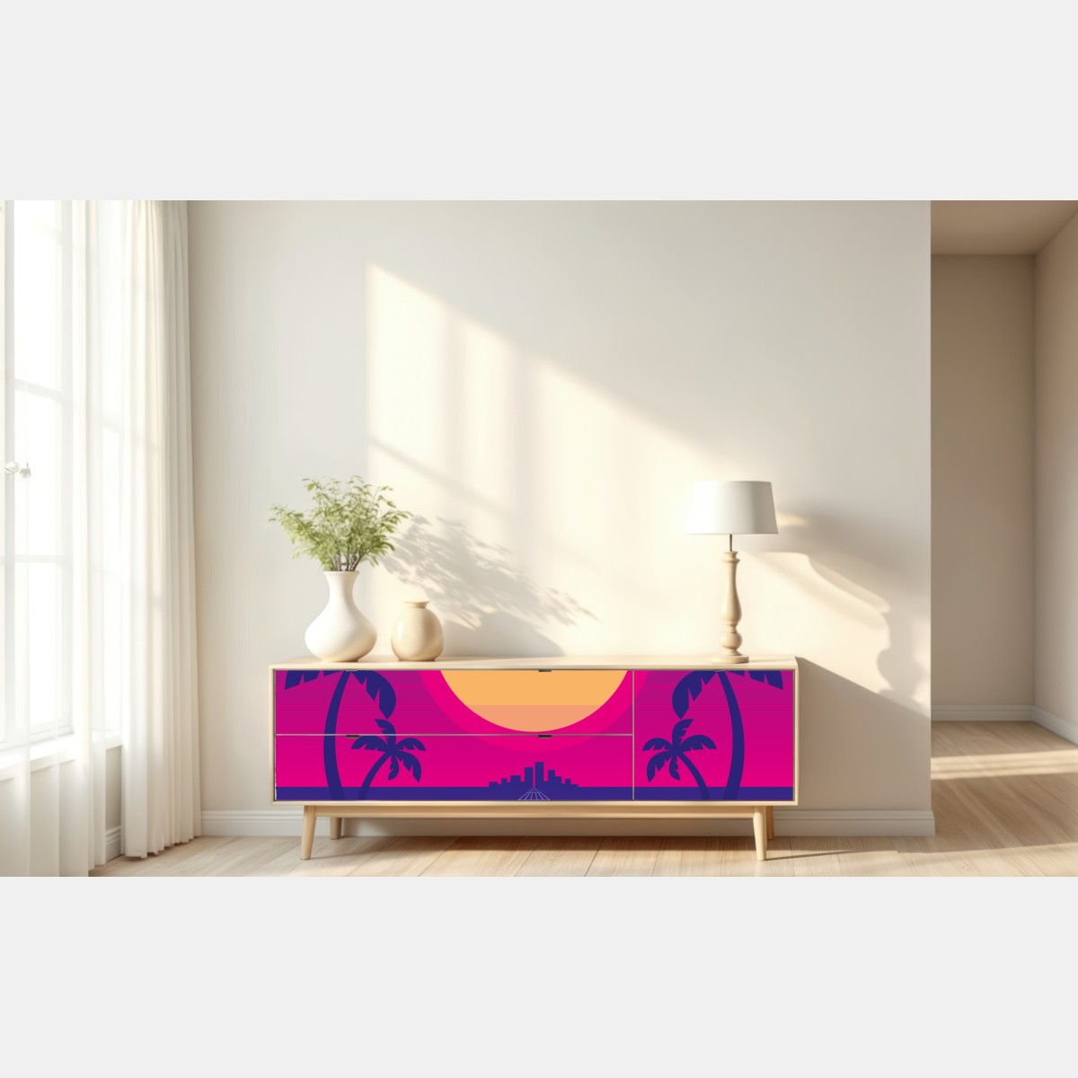 Naklejka repozycjonowalna neonowy zachód słońca nad miastem – Wallissimo® Naklejka repozycjonowalna neonowy zachód słońca nad miastem – Wallissimo®