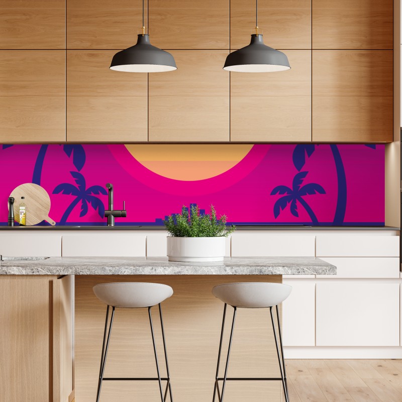 Naklejka repozycjonowalna neonowy zachód słońca nad miastem – Wallissimo® Naklejka repozycjonowalna neonowy zachód słońca nad miastem – Wallissimo®