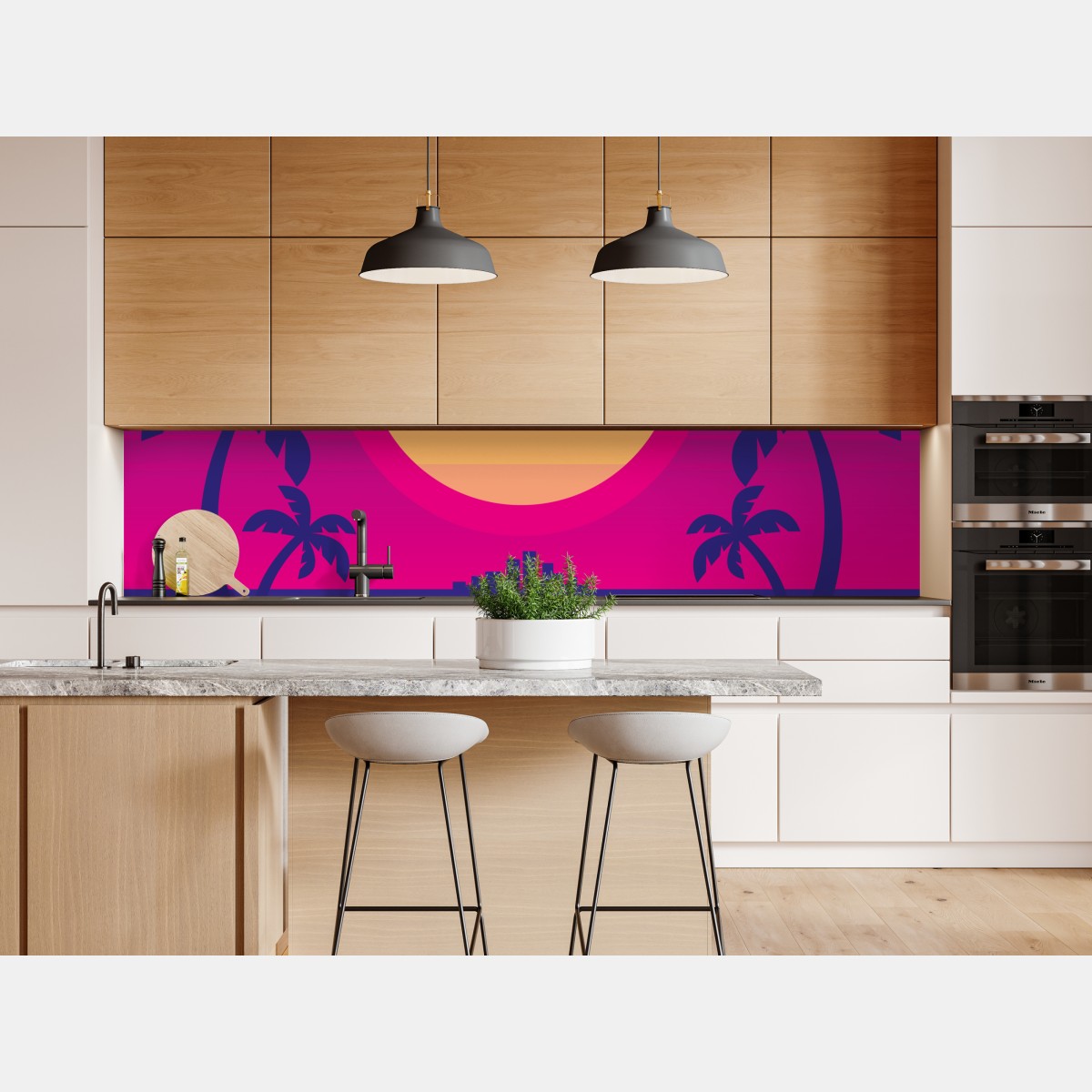 Naklejka repozycjonowalna neonowy zachód słońca nad miastem – Wallissimo® Naklejka repozycjonowalna neonowy zachód słońca nad miastem – Wallissimo®