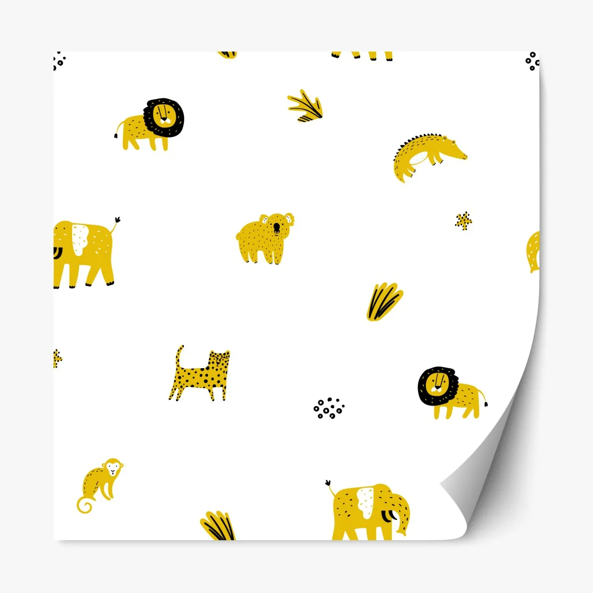 Naklejka repozycjonowalna zabawny żółty wzór z dzikimi zwierzętami – Wallissimo® Naklejka repozycjonowalna zabawny żółty wzór z dzikimi zwierzętami – Wallissimo®