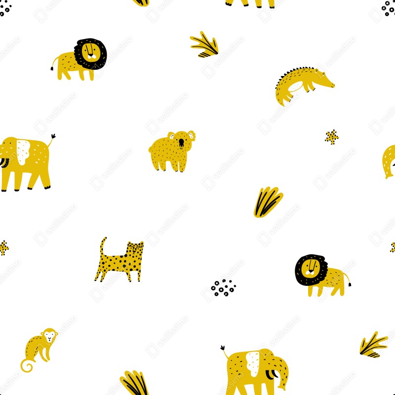 Naklejka repozycjonowalna zabawny żółty wzór z dzikimi zwierzętami – Wallissimo® Naklejka repozycjonowalna zabawny żółty wzór z dzikimi zwierzętami – Wallissimo®