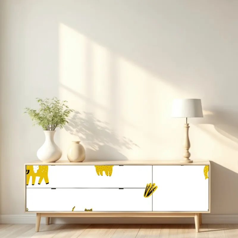 Naklejka repozycjonowalna zabawny żółty wzór z dzikimi zwierzętami – Wallissimo® Naklejka repozycjonowalna zabawny żółty wzór z dzikimi zwierzętami – Wallissimo®
