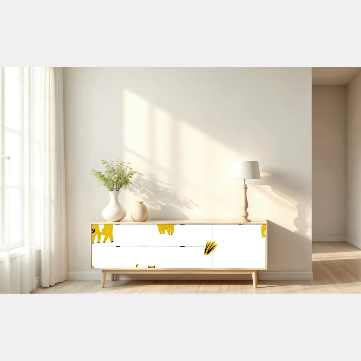 Naklejka repozycjonowalna zabawny żółty wzór z dzikimi zwierzętami – Wallissimo® Naklejka repozycjonowalna zabawny żółty wzór z dzikimi zwierzętami – Wallissimo®