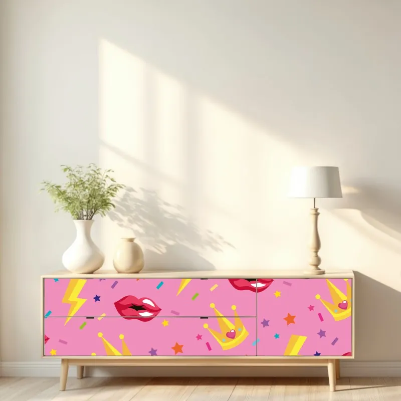 Naklejka repozycjonowalna zabawny wzór księżniczki z koronami i ustami – Wallissimo® Naklejka repozycjonowalna zabawny wzór księżniczki z koronami i ustami – Wallissimo®