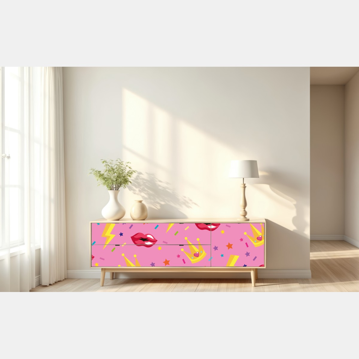 Naklejka repozycjonowalna zabawny wzór księżniczki z koronami i ustami – Wallissimo® Naklejka repozycjonowalna zabawny wzór księżniczki z koronami i ustami – Wallissimo®