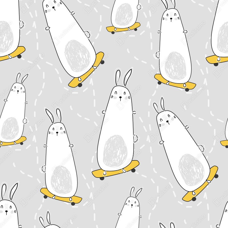 Naklejka repozycjonowalna zabawne króliki na deskorolkach – Wallissimo® Naklejka repozycjonowalna zabawne króliki na deskorolkach – Wallissimo®