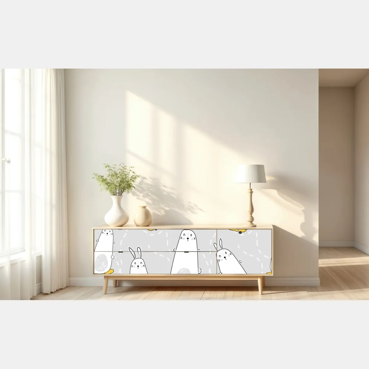 Naklejka repozycjonowalna zabawne króliki na deskorolkach – Wallissimo® Naklejka repozycjonowalna zabawne króliki na deskorolkach – Wallissimo®