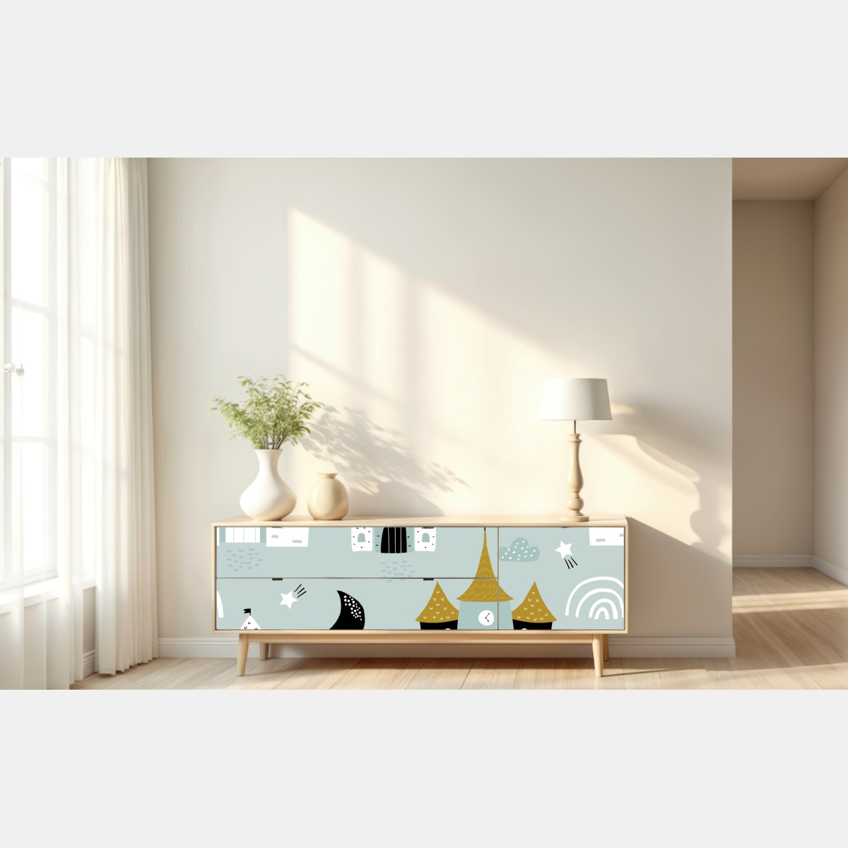 Naklejka repozycjonowalna pastelowy wzór zamku do pokoju dziecięcego – Wallissimo® Naklejka repozycjonowalna pastelowy wzór zamku do pokoju dziecięcego – Wallissimo®