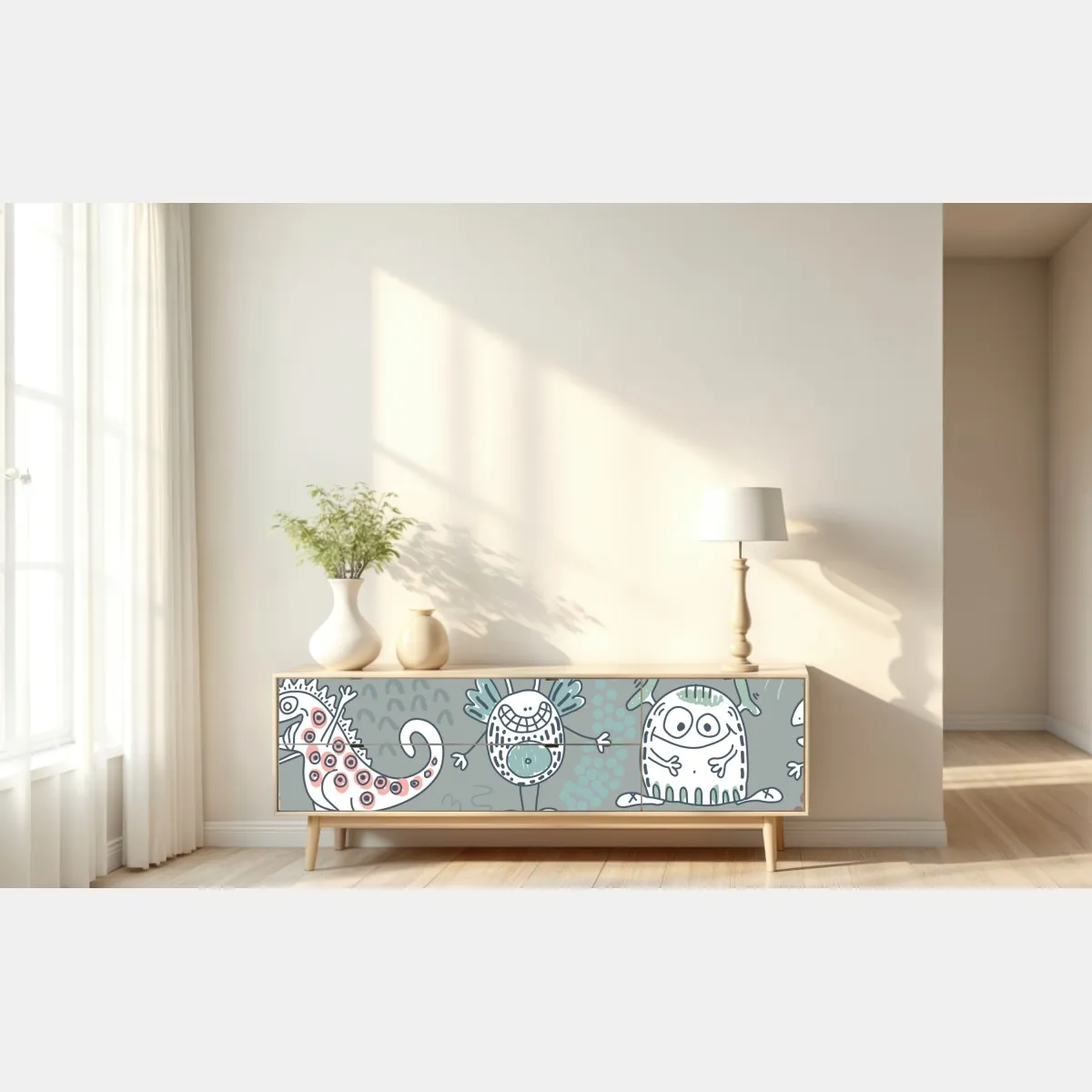 Naklejka repozycjonowalna zabawny pastelowy wzór potworów – Wallissimo® Naklejka repozycjonowalna zabawny pastelowy wzór potworów – Wallissimo®