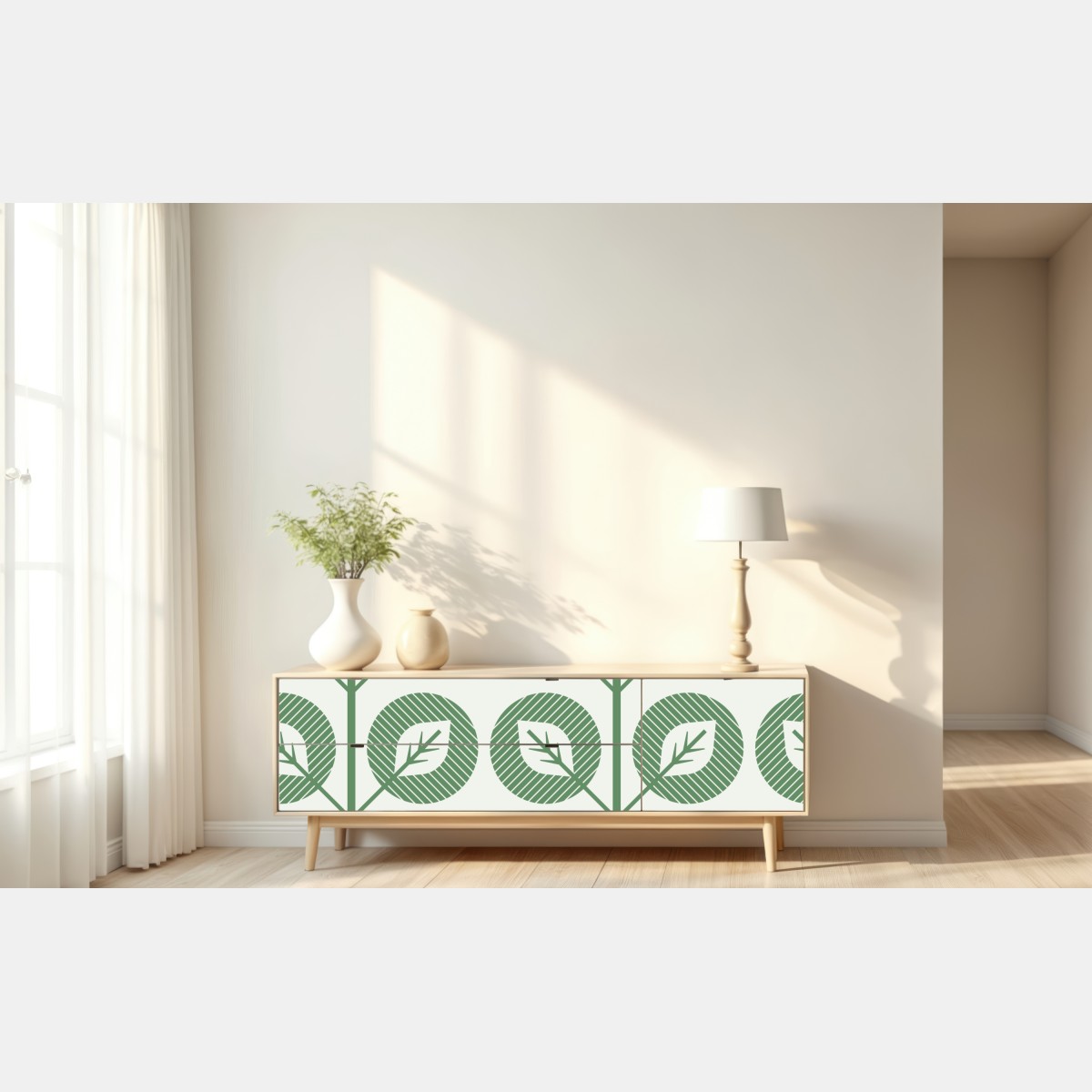 Naklejka repozycjonowalna zielony geometryczny wzór liści – Wallissimo® Naklejka repozycjonowalna zielony geometryczny wzór liści – Wallissimo®