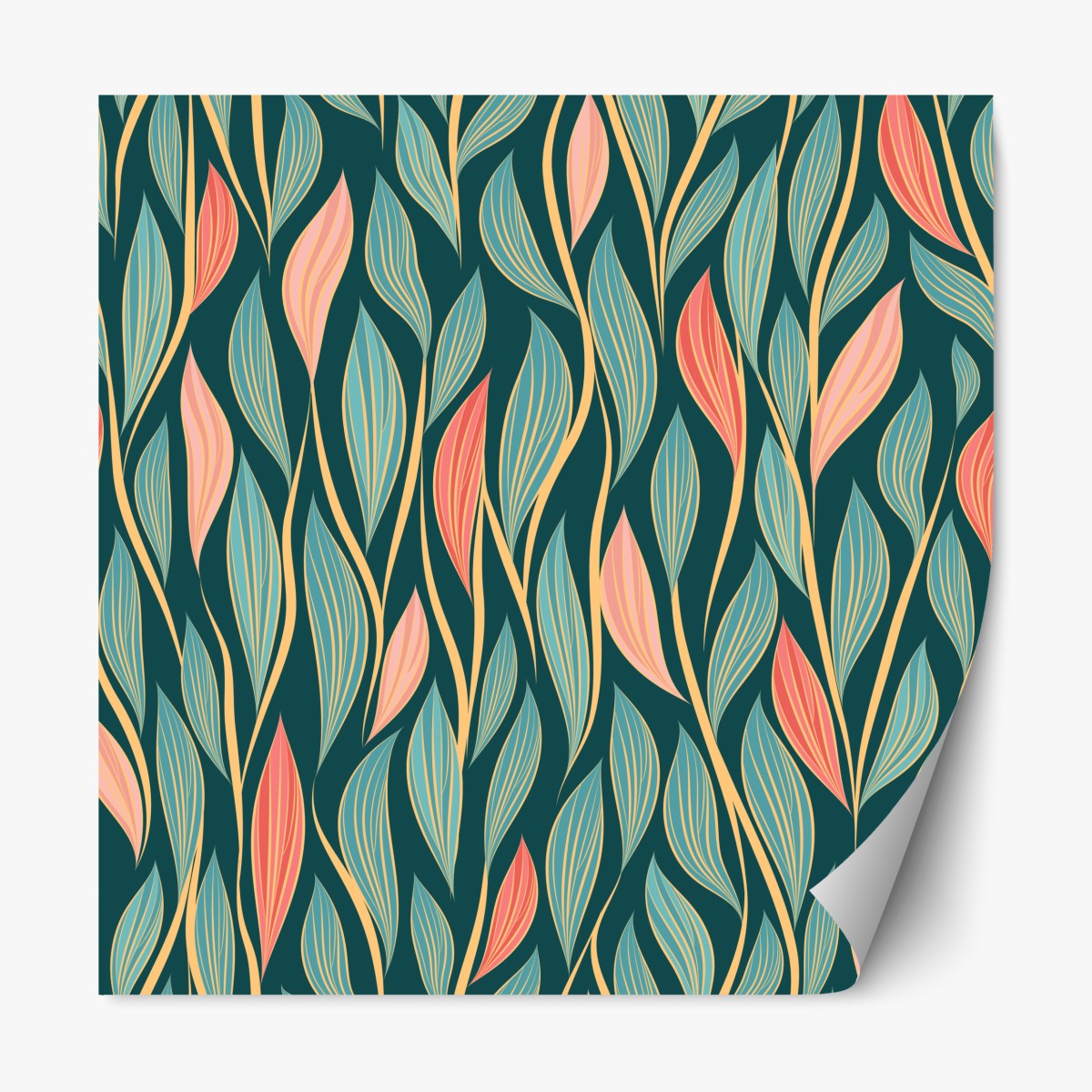 Repositionable sticker botanical leaf pattern in teal and coral
