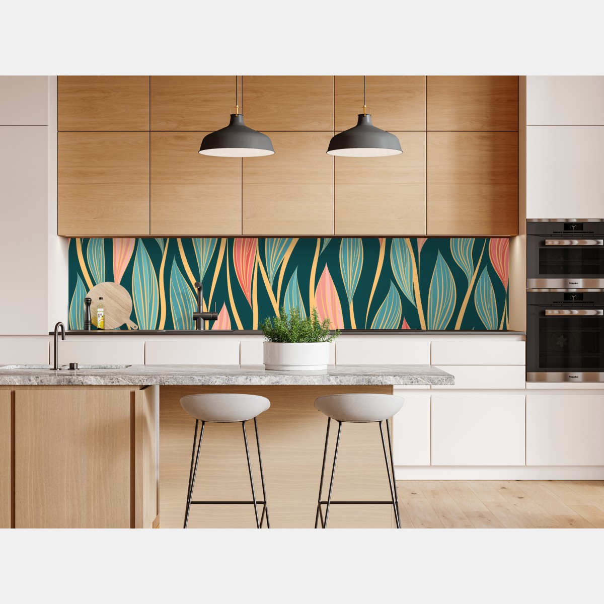 Naklejka repozycjonowalna botaniczny wzór liści w turkusie i koralu – Wallissimo® Naklejka repozycjonowalna botaniczny wzór liści w turkusie i koralu – Wallissimo®