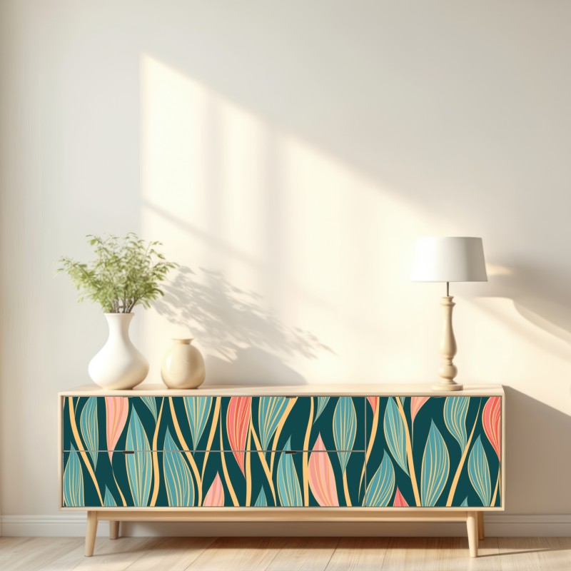 Naklejka repozycjonowalna botaniczny wzór liści w turkusie i koralu – Wallissimo® Naklejka repozycjonowalna botaniczny wzór liści w turkusie i koralu – Wallissimo®