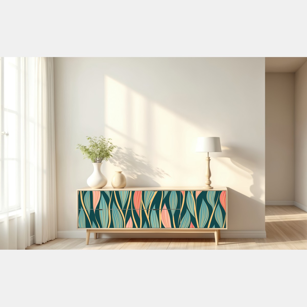 Naklejka repozycjonowalna botaniczny wzór liści w turkusie i koralu – Wallissimo® Naklejka repozycjonowalna botaniczny wzór liści w turkusie i koralu – Wallissimo®