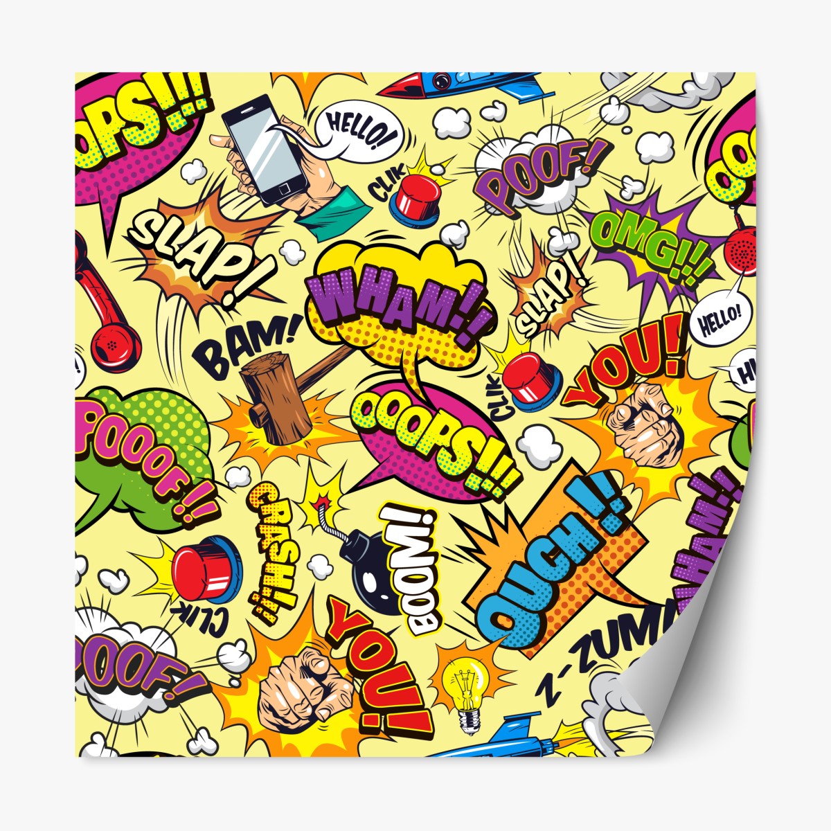 Repositionable sticker retro pop-art comic collage
