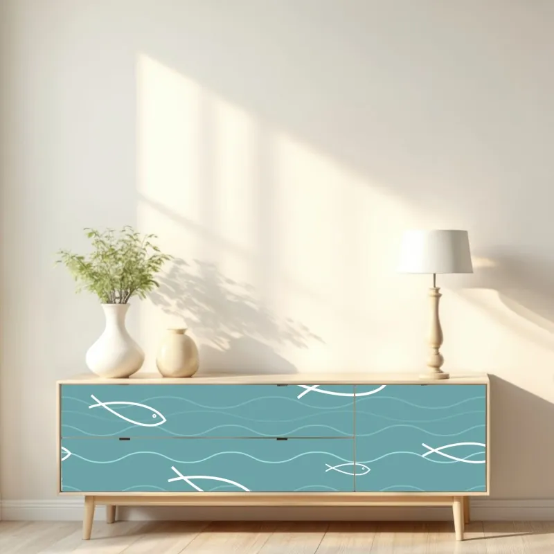 Naklejka repozycjonowalna turkusowy wzór z rybkami – Wallissimo® Naklejka repozycjonowalna turkusowy wzór z rybkami – Wallissimo®
