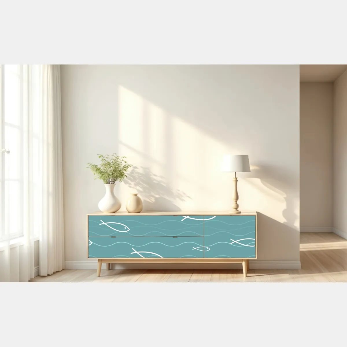 Naklejka repozycjonowalna turkusowy wzór z rybkami – Wallissimo® Naklejka repozycjonowalna turkusowy wzór z rybkami – Wallissimo®