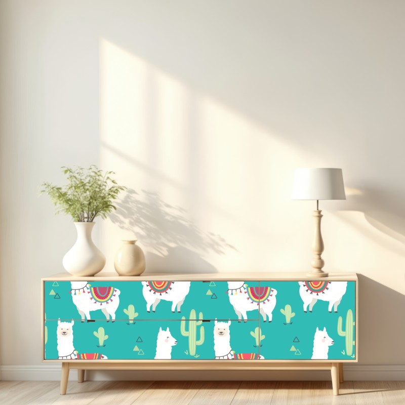 Naklejka repozycjonowalna radosny wzór z lamami na turkusowym tle – Wallissimo® Naklejka repozycjonowalna radosny wzór z lamami na turkusowym tle – Wallissimo®