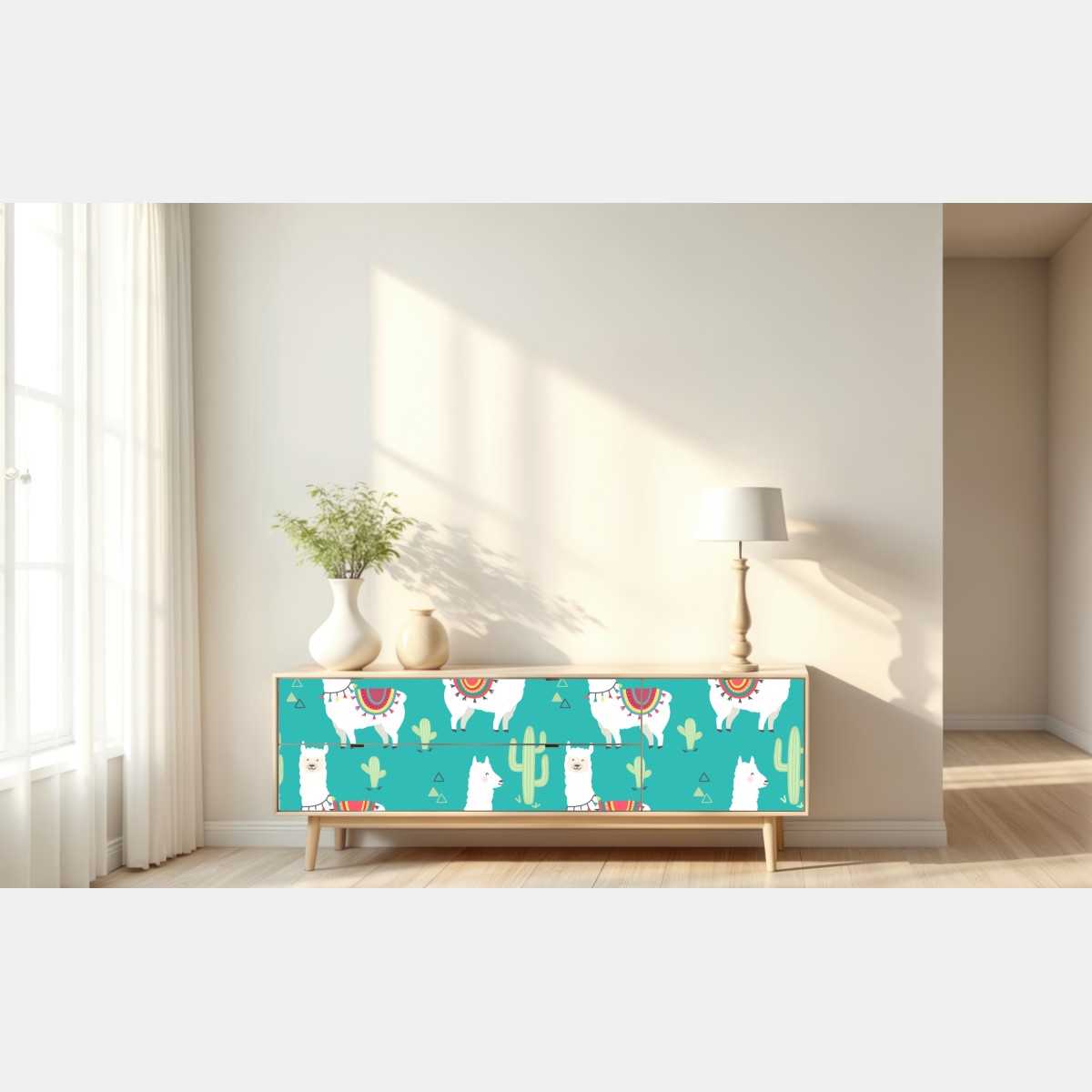 Naklejka repozycjonowalna radosny wzór z lamami na turkusowym tle – Wallissimo® Naklejka repozycjonowalna radosny wzór z lamami na turkusowym tle – Wallissimo®